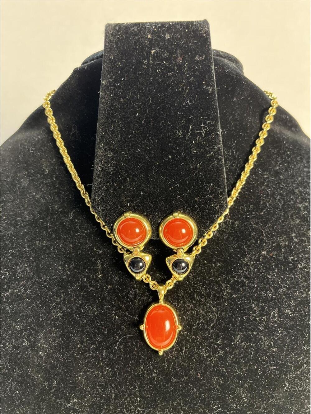 Vintage Signed MONET Gold-tone Red And Black Cabochon Necklace & Earring Set